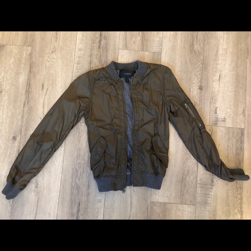 J Crew Olive Green Bomber Jacket w/Grey Detail
